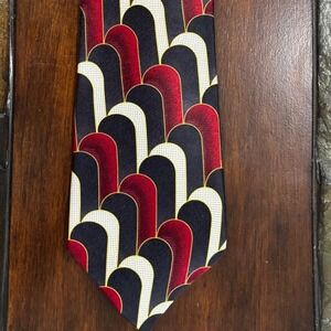 Pierre‎ Cardin Mens Necktie All Silk Black Red Geometric Art Deco Style Vintage